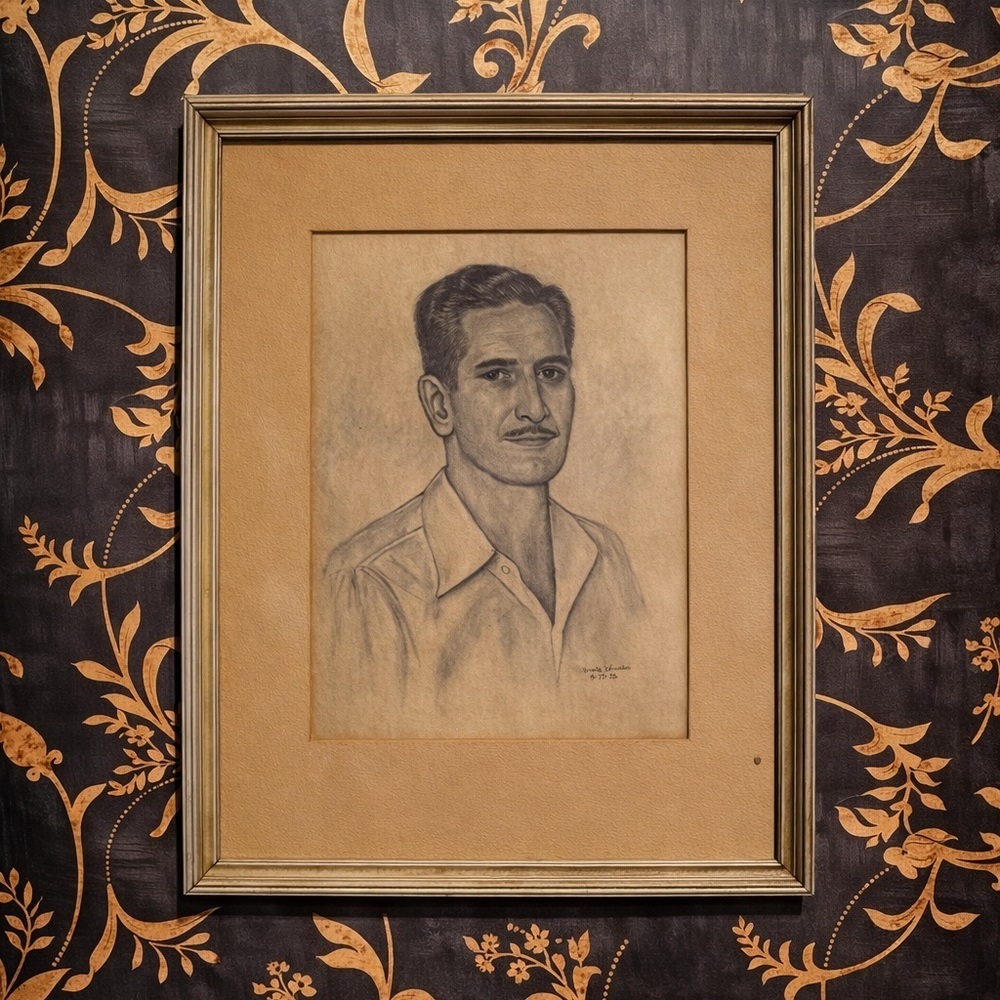 Henrik Holmboe Pencil Sketch of a Man Signed & Dated 1953 in Frame with Glass